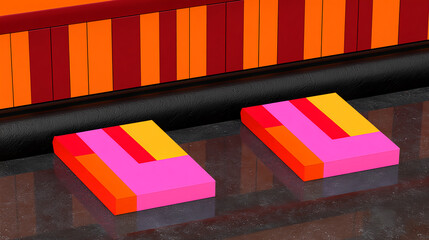 Colorful geometric shapes modern art exhibit digital artwork indoor space close-up view creative design