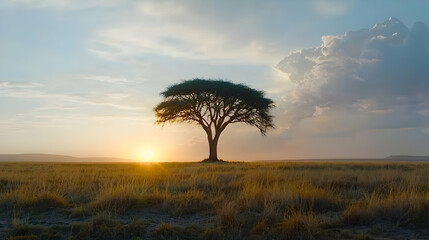 Golden Sunset Illuminates Silhouette Tree in Vast Open Field with Yellow Grass and Blue Cloudy Sky
