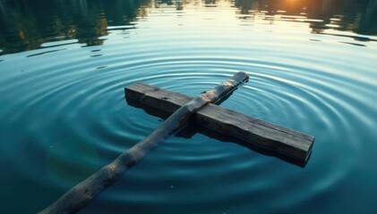 Ripples on the surface of the lake from a submerged wooden cross, cross,