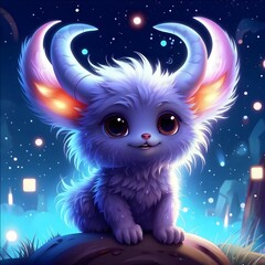 Fototapeta premium A glowing, magical creature with large blue eyes and fluffy fur sits on a rock under a starry night sky. It has ethereal double horns, a mystical forehead emblem, and a fantasy-like aura.