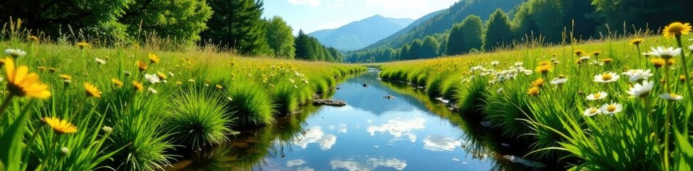River flowing through a meadow with wildflowers, Wilderness, Meadow