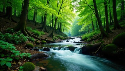 Obraz premium River flowing through dense forest with tree trunks and branches, Dense Forest, Trees, Landscape