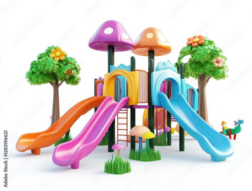 Poster whimsical colorful playground with mushroom structures and slides