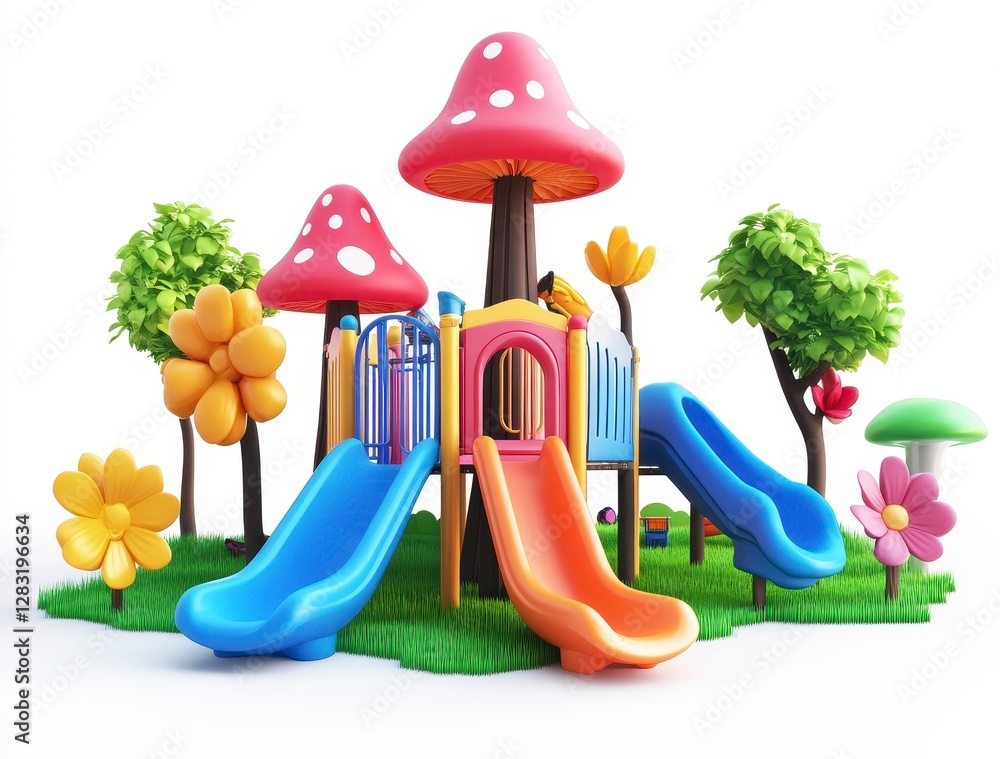 Poster whimsical colorful playground with mushroom structures and slides