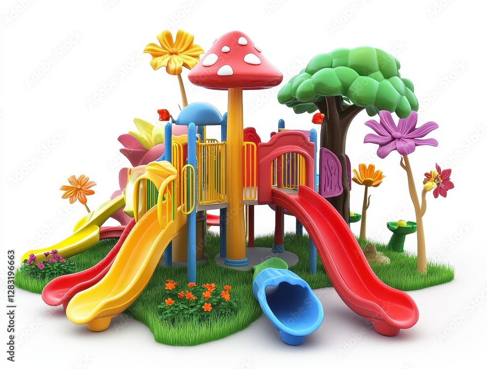 Poster whimsical colorful playground with slides and mushroom theme