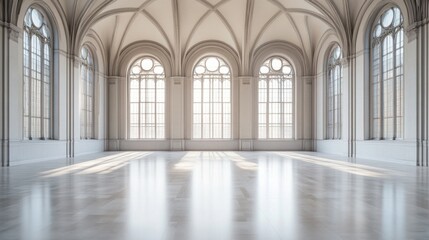 Obraz premium A legislative hall with sleek white walls and high, arching windows. Featuring openness and light