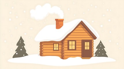 Naklejka premium Cozy Wooden Cabin Winter Snow Scene
