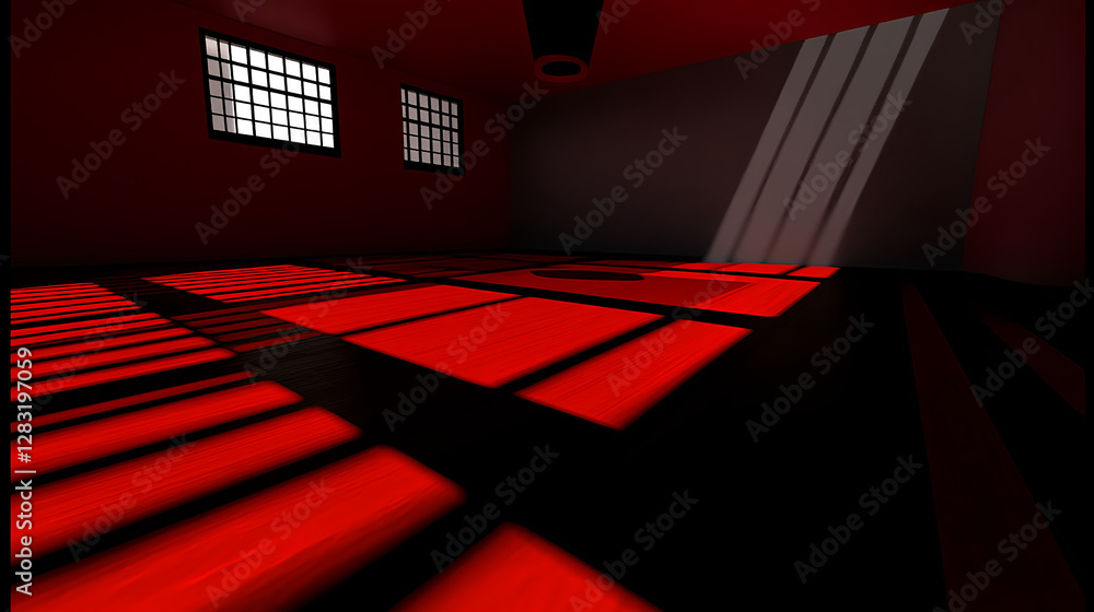 Poster dynamic red shadow play empty room digital art minimalist design low angle artistic expression