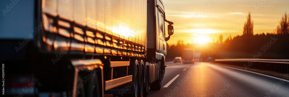 Poster Truck traveling along a highway at sunset with golden hues reflecting off the trailer and creating a serene atmosphere. Generative AI