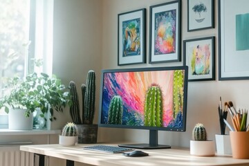 A computer monitor sits on a wooden desk