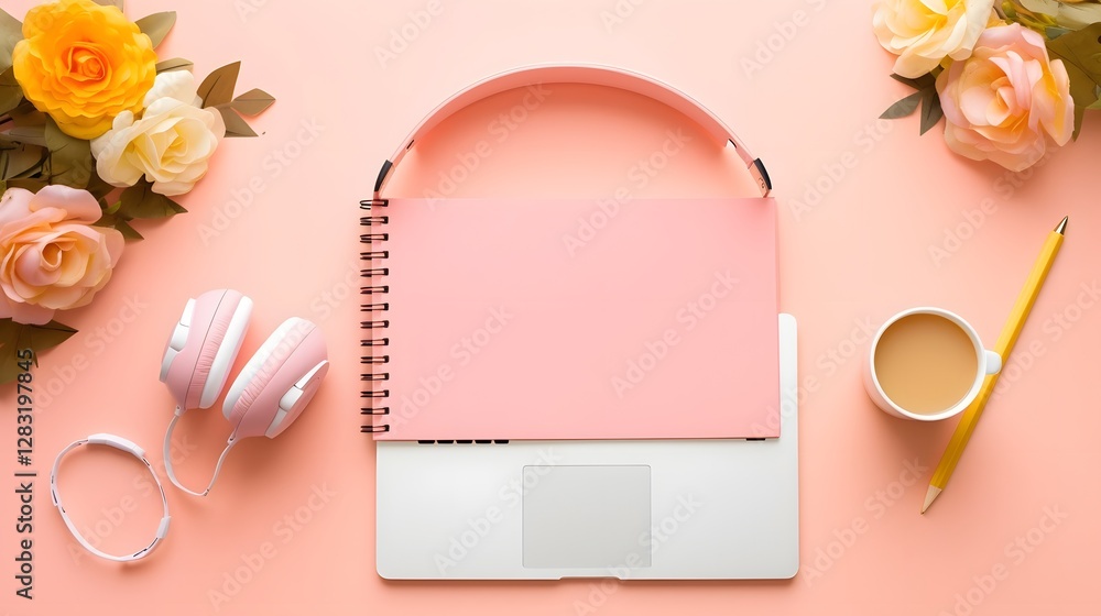 Aufkleber neatly arranged flat lay of a minimalist study desk setup with laptop headphones and notebook organi