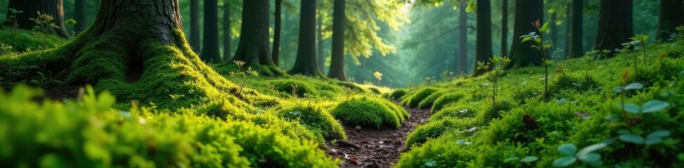 Soft moss carpets the forest floor amidst towering conifers, greenery, trees, wilderness