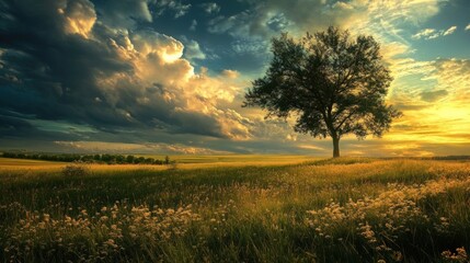 Fototapeta premium Solitary Tree in Golden Meadow at Sunset