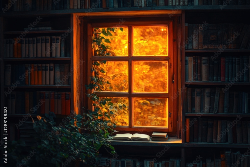 Poster a view of a library with books stacked on shelves, through an open window