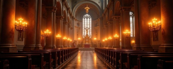Unaltare con candelabri dorati e stampe religiose, candelabri, architetture, oro