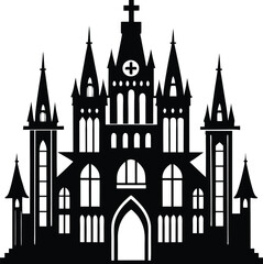 Fototapeta premium Gothic Architecture Silhouette, Black Gothic Castle Icon Vector on White Background.