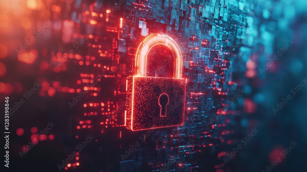 Poster digital security: an illuminated padlock symbol, representing security and protection, embedded with