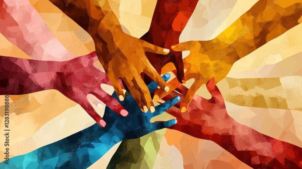 Poster interconnected hands representing unity and support among diverse communities in a vibrant artistic 