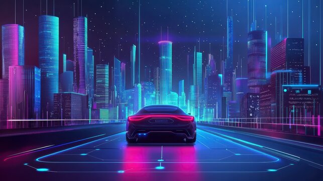 Neon City Drive: A sleek, futuristic car glides down a glowing road towards a towering city skyline ablaze with neon lights, embodying the spirit of technological advancement and urban modernity.