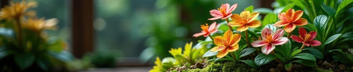 Obraz premium Variegated Schismatoglottis flowers in a terrarium, variegated, terrarium