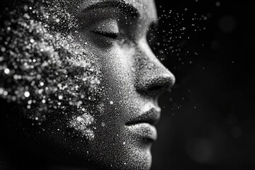 A black and white photograph of a woman with snow on her face