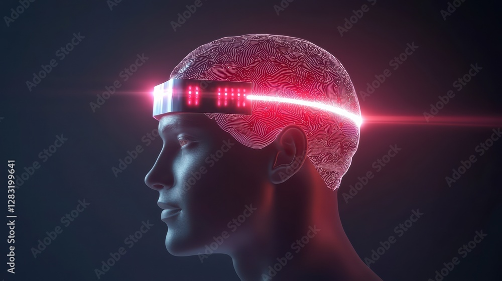 Poster mind technology: a person wearing an advanced brain-computer interface, represented by a futuristic 