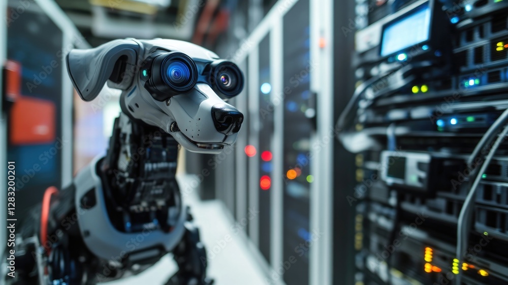 Aufkleber a robot dog sits on the floor of a server room with computer equipment and wires around it