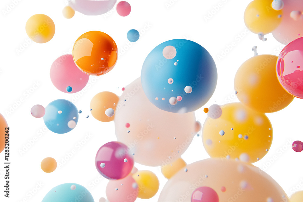 Poster a vibrant abstract image featuring an array of colorful spheres in shades of blue, pink, yellow, and