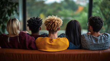 Group of friends watching football match on TV together, cheering for their team, back view of diverse group enjoying sports in cozy home setting, ideal for team spirit moments.