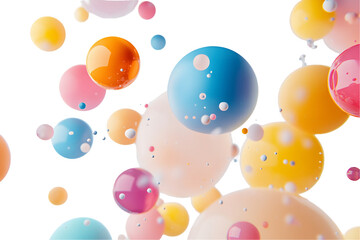 A vibrant abstract image featuring an array of colorful spheres in shades of blue, pink, yellow, and orange against a transparent backdrop, creating a playful and dynamic visual effect