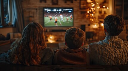 Group of friends watching football match on TV together, cheering for their team, back view of diverse group enjoying sports in cozy home setting, ideal for team spirit moments.