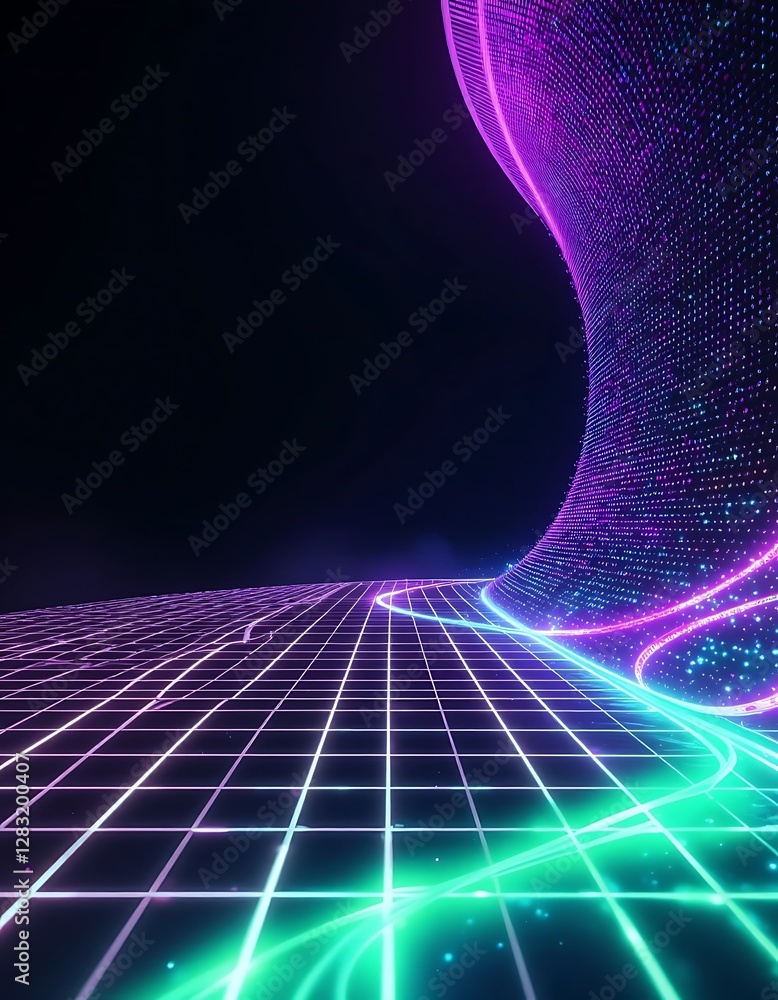 Aufkleber abstract neon gridscape with luminous flowing energy streams and data tower