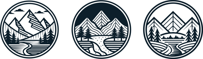 Set Of Vintage Mountain and River Emblem, Rounded Line Art Outdoor Logo Vector on White Background.