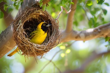 Village weaver or Black headed weaver building a nest in Kruger National Park in South Africa