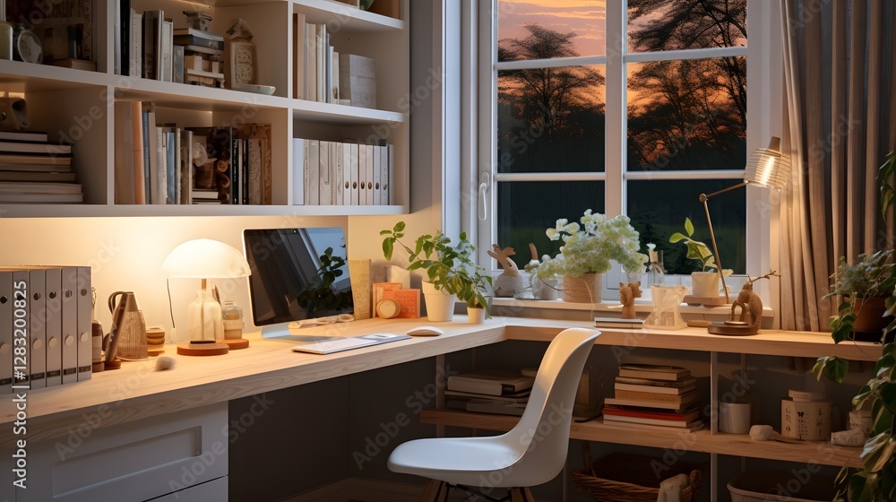 Poster cozy and inviting home office with a dedicated learning space filled with books soft lighting and a 