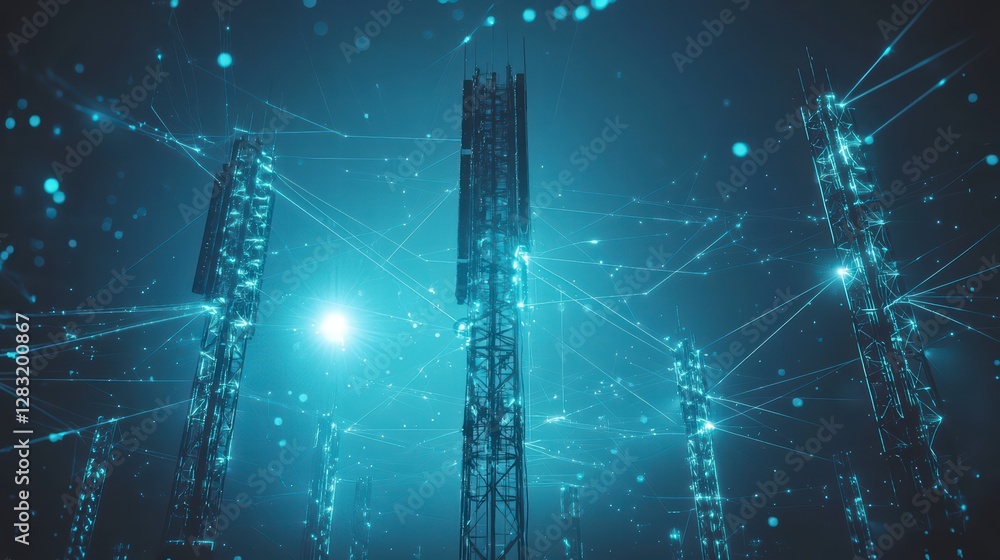 Poster 5g communication network: futuristic illustration of 5g communication towers connected by a web of d