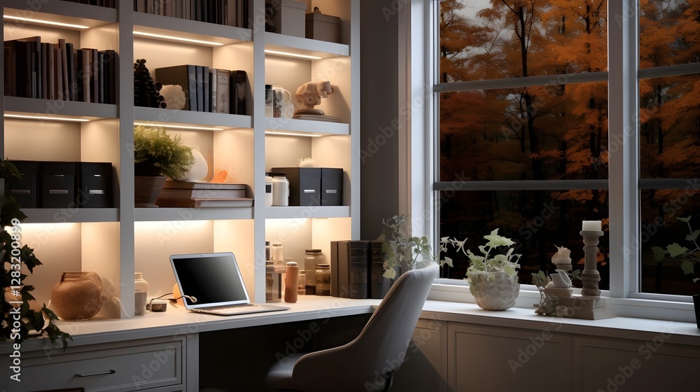 Aufkleber inviting home office setting with a dedicated learning area surrounded by bookshelves and illuminate
