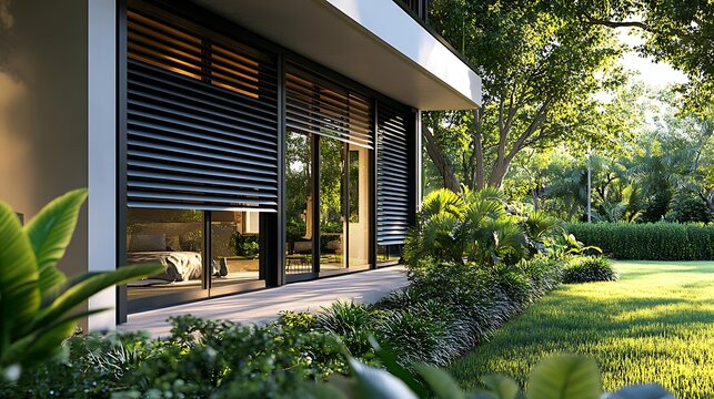 Outside roller blinds for contemporary windows. Outside shutters on the home's windows,


