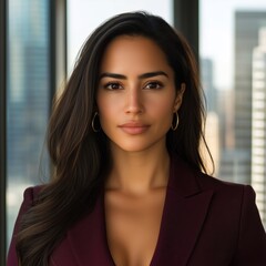 Portrait of a successful young Hispanic woman in a tailored burgundy blazer and gold hoop earrings Professional woman in urban setting