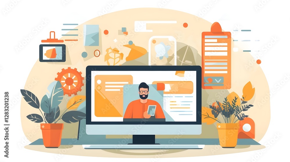 Poster group of people participating in an online video call having a meeting through a digital communicati