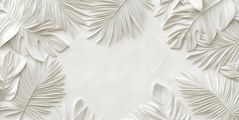 White tropical leaves frame on light background