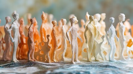 Group of paper people symbolizing teamwork, unity, collaboration, and cooperative success, ideal for corporate or community themes, emphasizing partnership, support, and collective effort.
