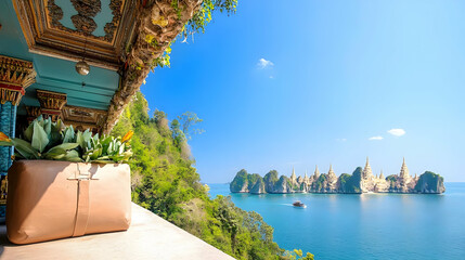 Fototapeta premium Panoramic Coastal View of Tropical Islands and Azure Ocean with Verdant Cliffs