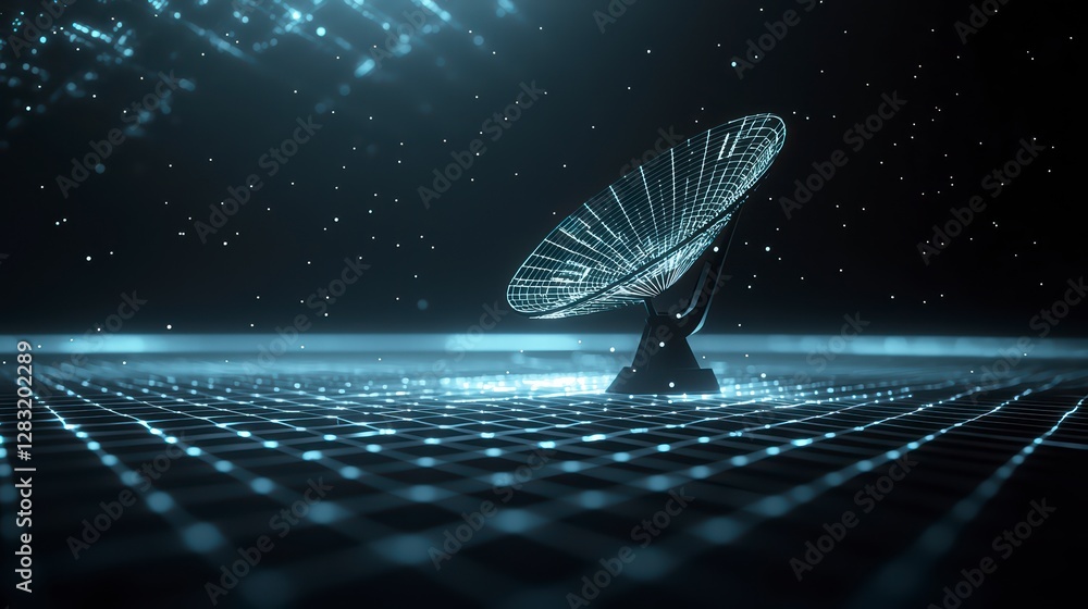 Poster cosmic data reception: a digital rendering captures a futuristic satellite dish, bathed in blue ligh