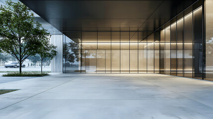 Modern Architectural Exterior Featuring Concrete Glass And Linear Lighting With A Tree And Car In Background