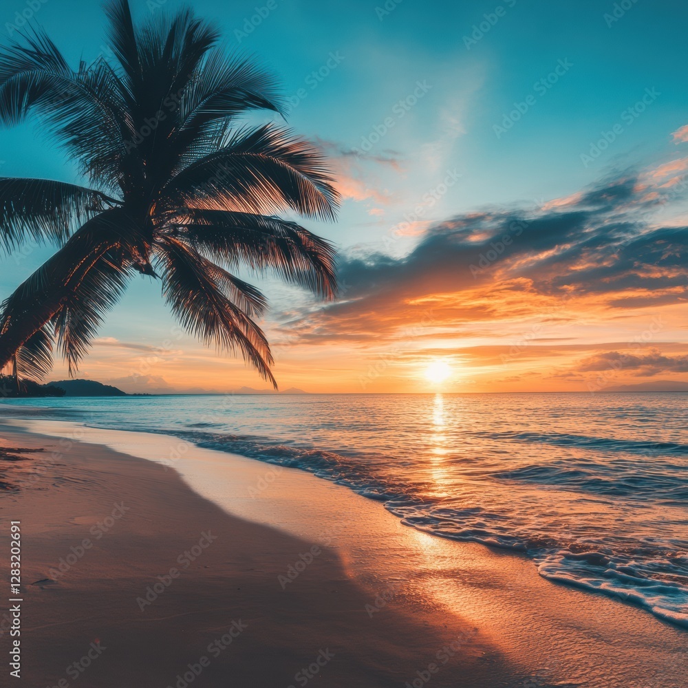 Leinwandbilder sunset at a serene beach with palm trees and gentle waves reflecting orange hues in the sky during e
