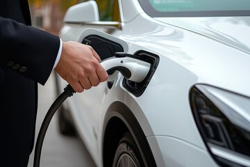 A person is charging a white electric car using a charging station, demonstrating the shift towards sustainable transportation.