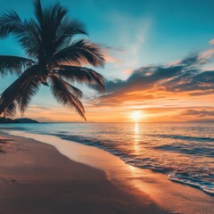 Fototapeta premium Sunset at a serene beach with palm trees and gentle waves reflecting orange hues in the sky during evening hours. Generative AI