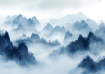 Ink painting of mountains and clouds