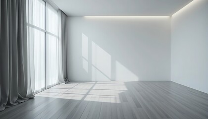 Fototapeta premium Serene Interior, Minimalist Room with Soft Sunlight and Flowing Curtains